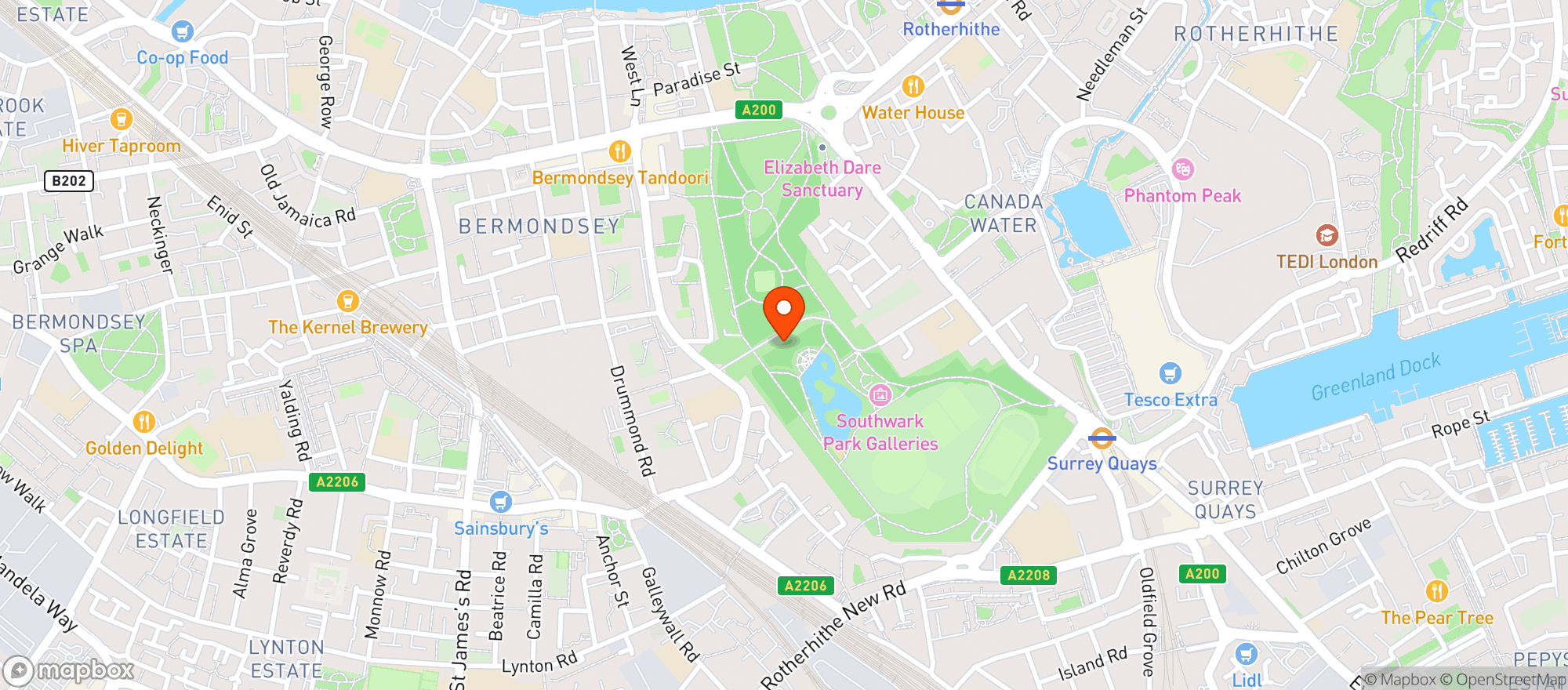 Map showing Southwark Park