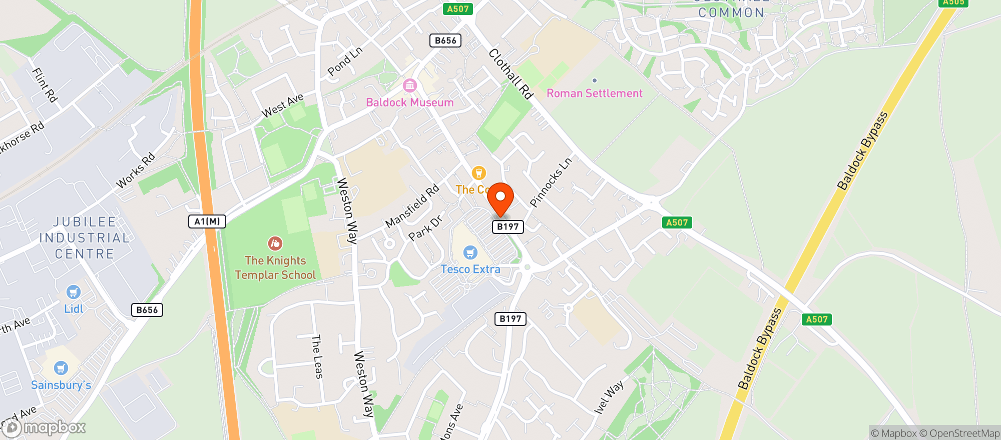 Map showing Tesco Extra Baldock