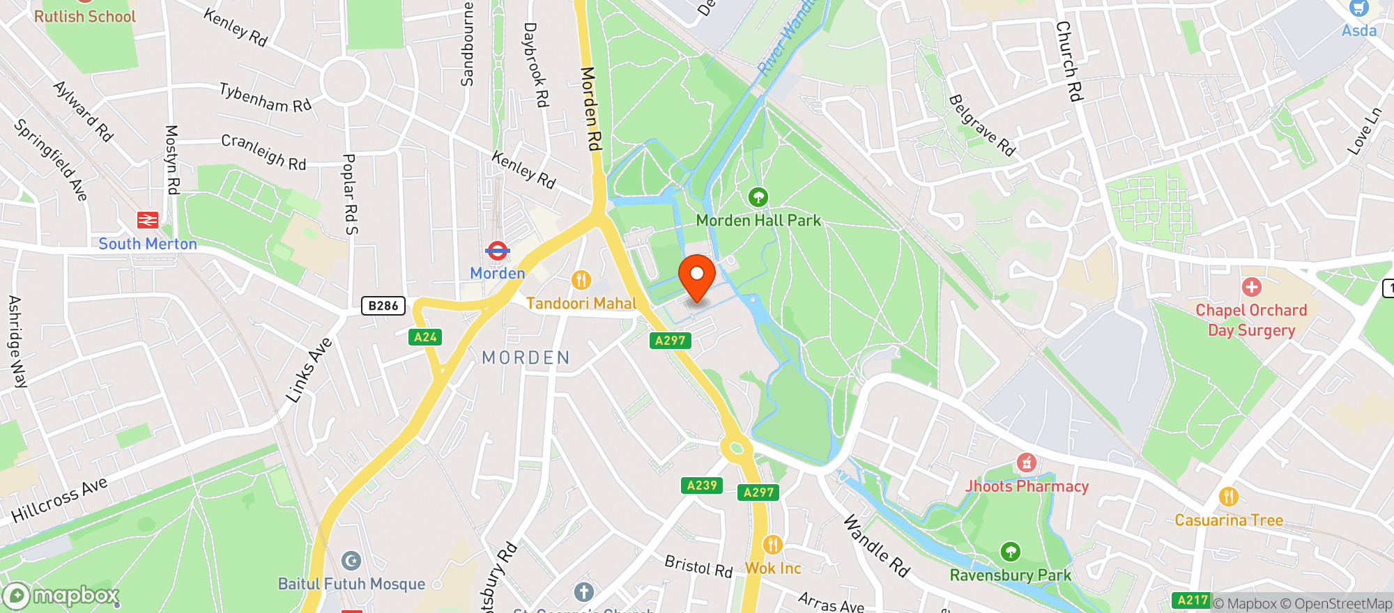 Map showing Morden Hall Park, National Trust Cafe & Shop