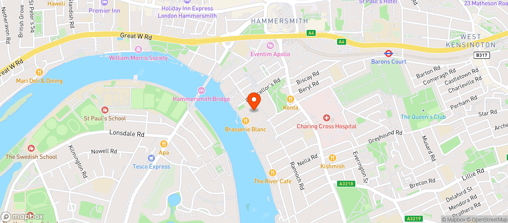 Map showing The Blue Boat, Fulham Reach