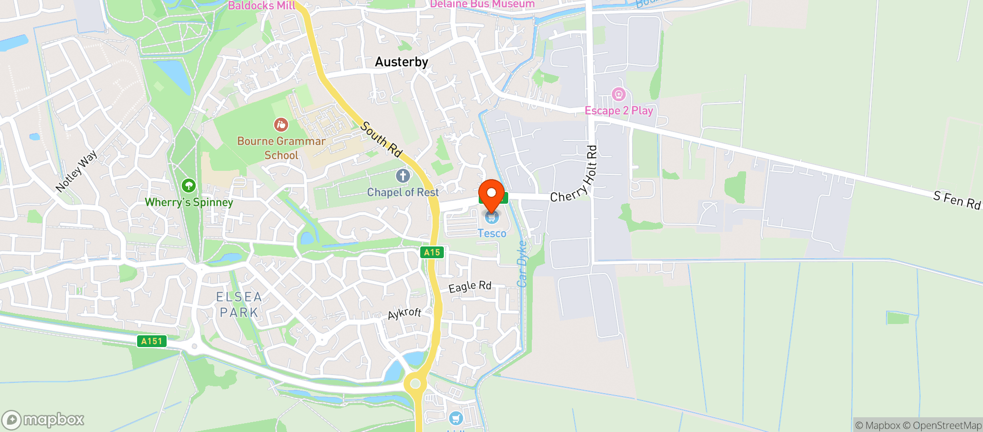 Map showing Tesco Superstore Bourne