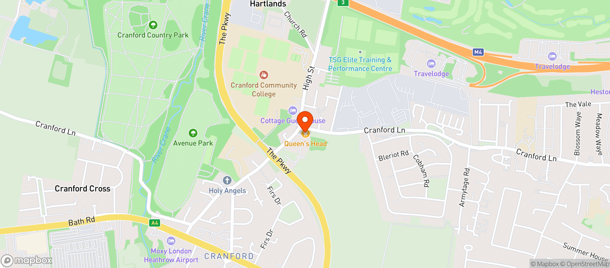 Map showing The Queen's Head, Cranford