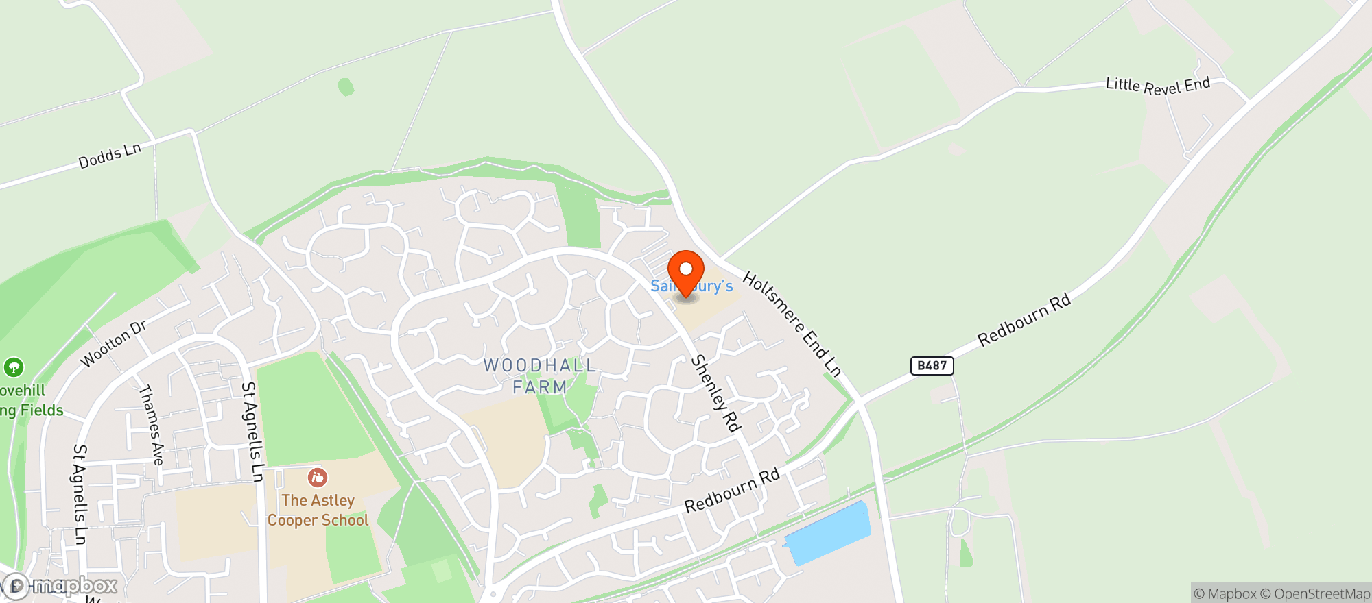 Map showing Sainsburys Woodhall Farm