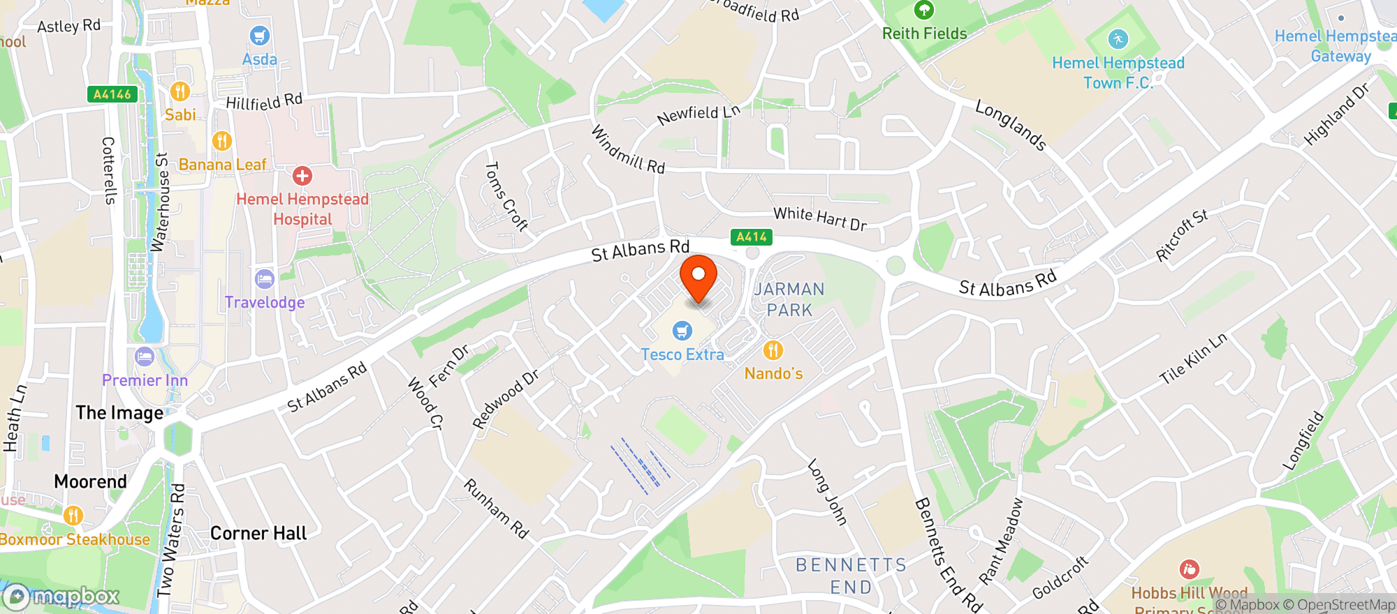 Map showing Tesco Extra Hemel Hempstead