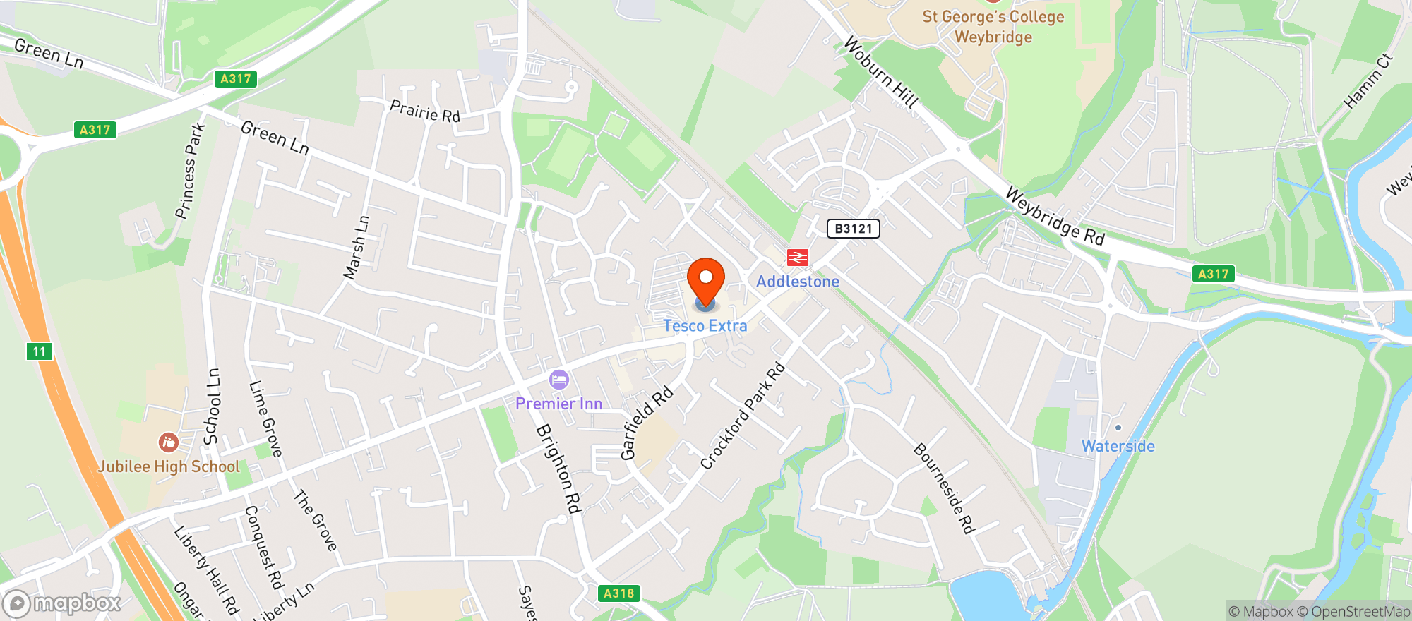 Map showing Tesco Extra Addlestone