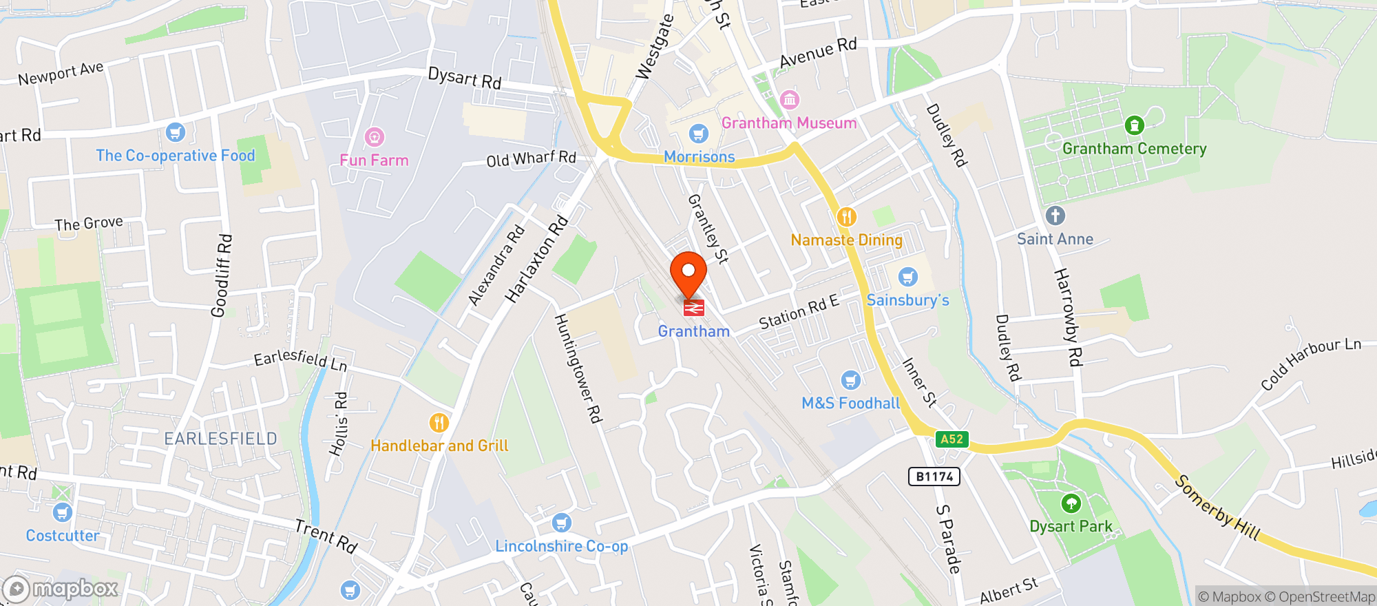 Map showing Grantham Railway Station (gra)