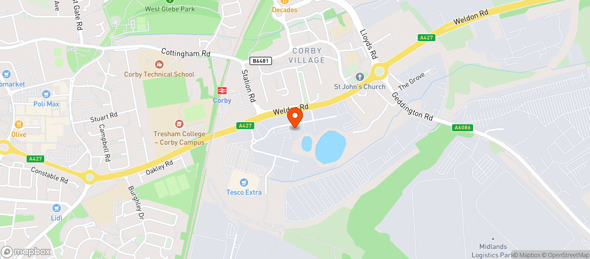 Map showing Tesco Extra Corby