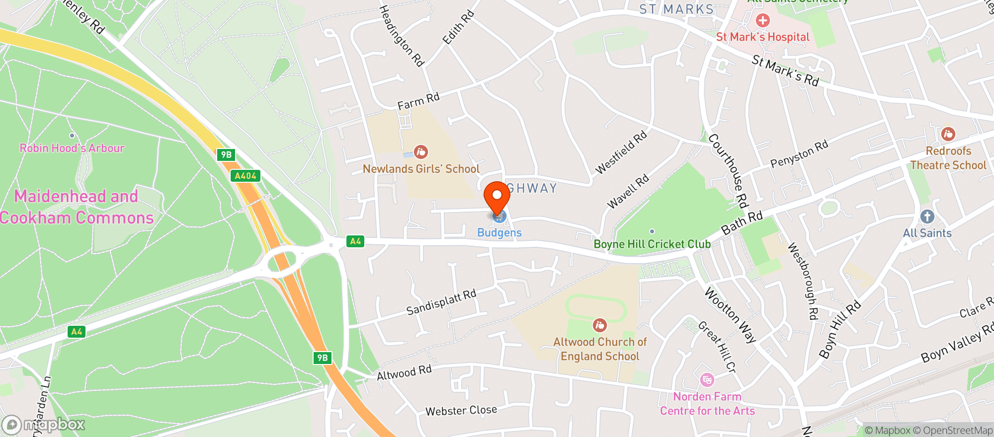 Map showing Budgens - Highway Avenue