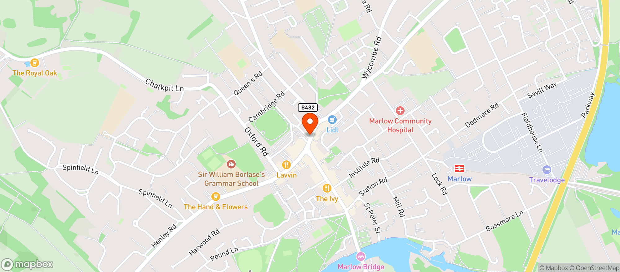 Map showing The Butcher’s Tap & Grill Marlow