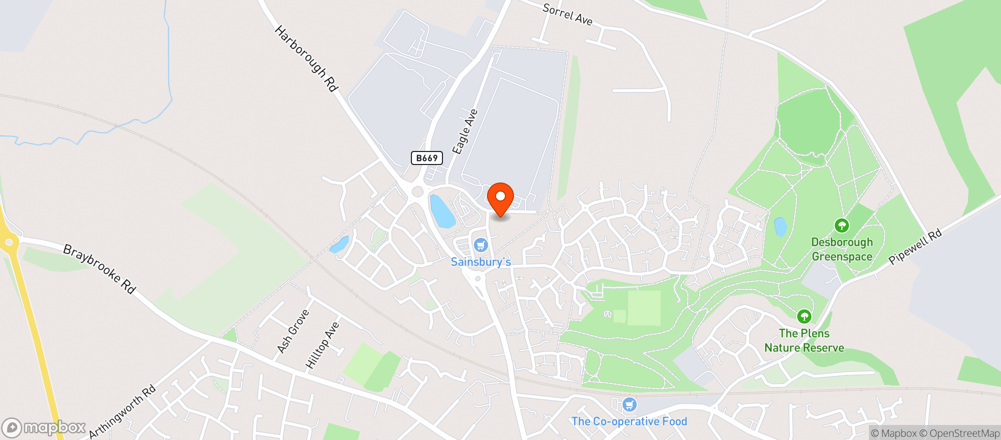 Map showing Sainsburys Desborough - Harborough Road