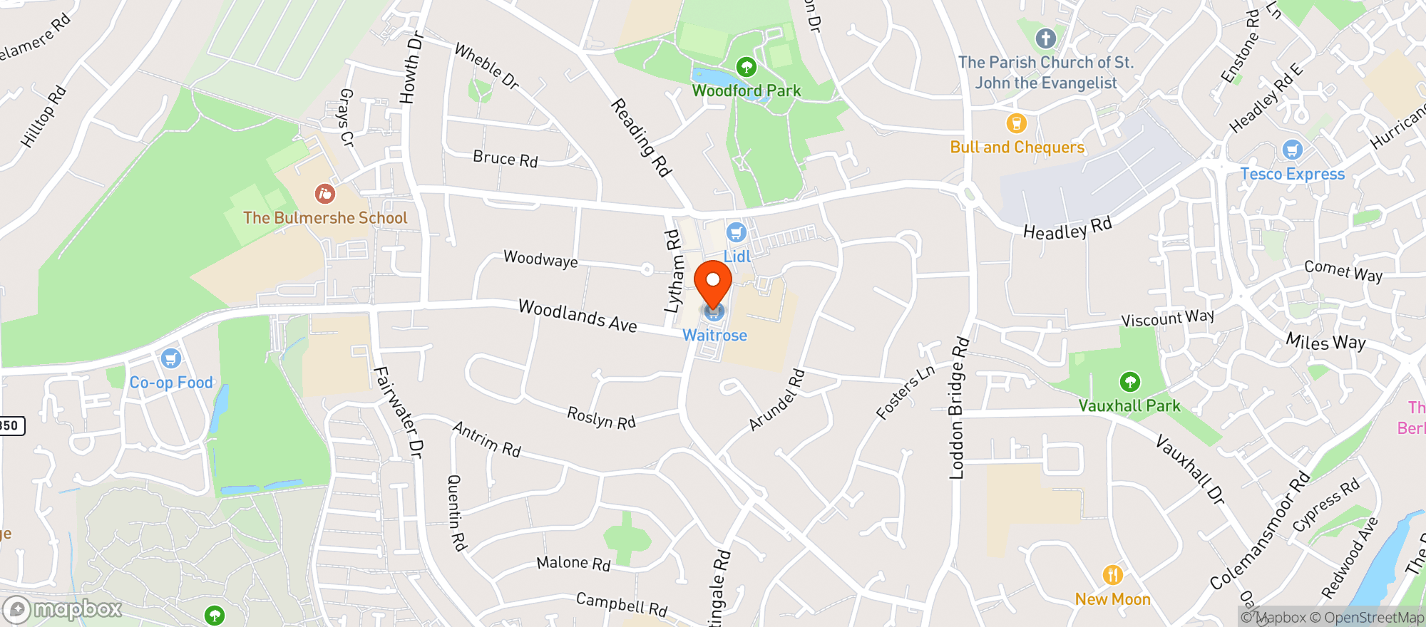 Map showing Waitrose Woodley