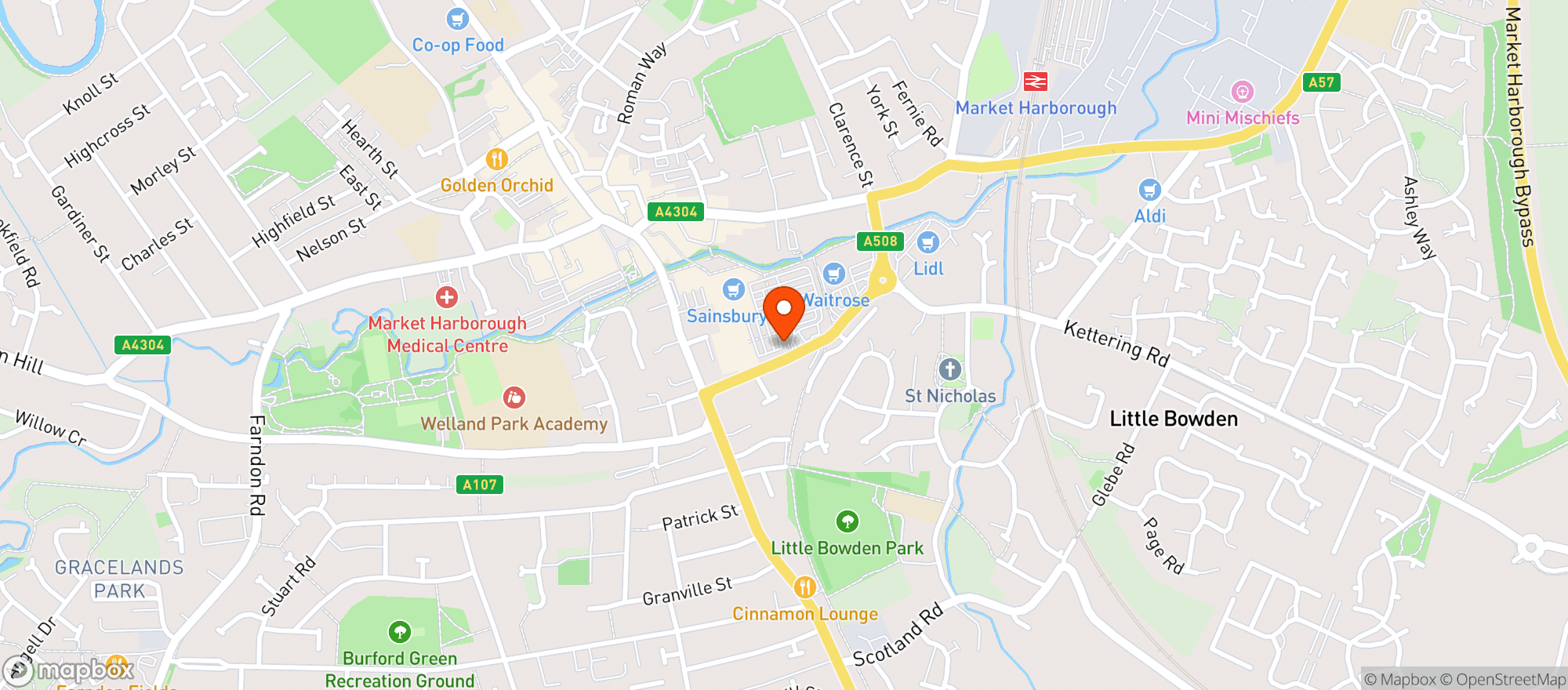 Map showing Waitrose Market Harborough