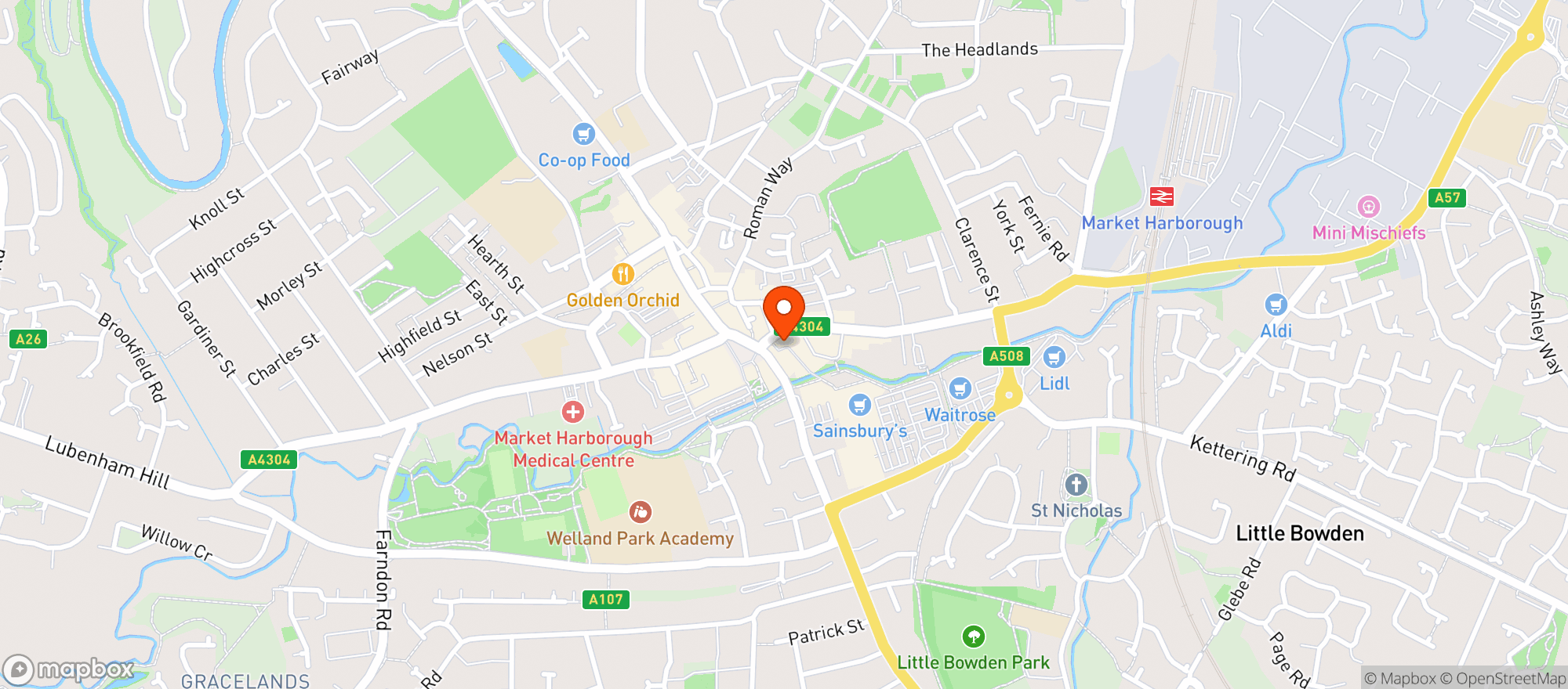 Map showing Sainsburys Market Harborough