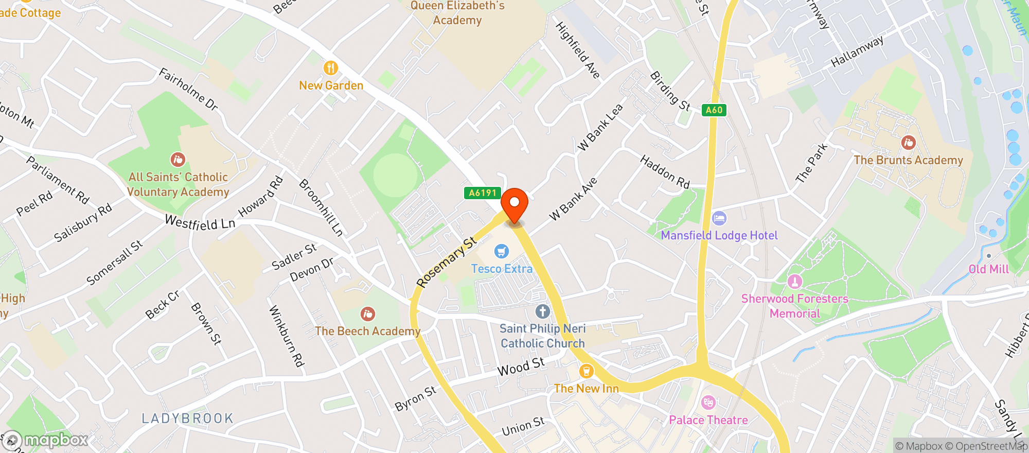 Map showing Tesco Extra Mansfield Chesterfield