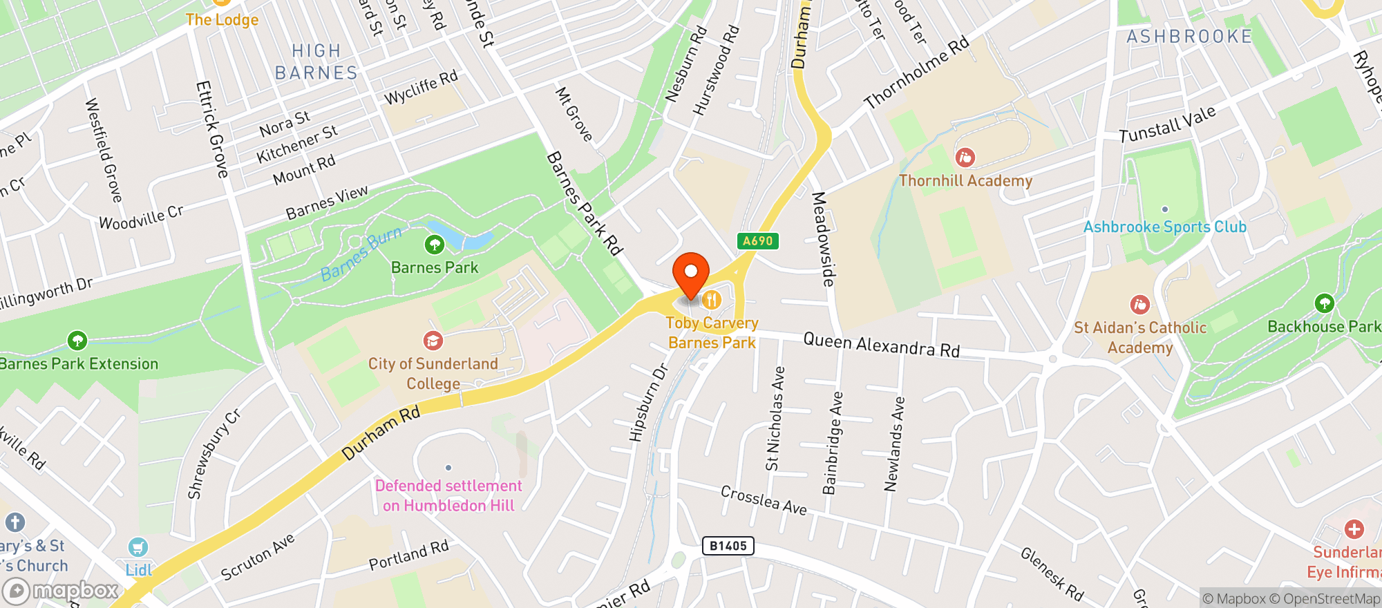 Map showing Toby Carvery - Barnes Park