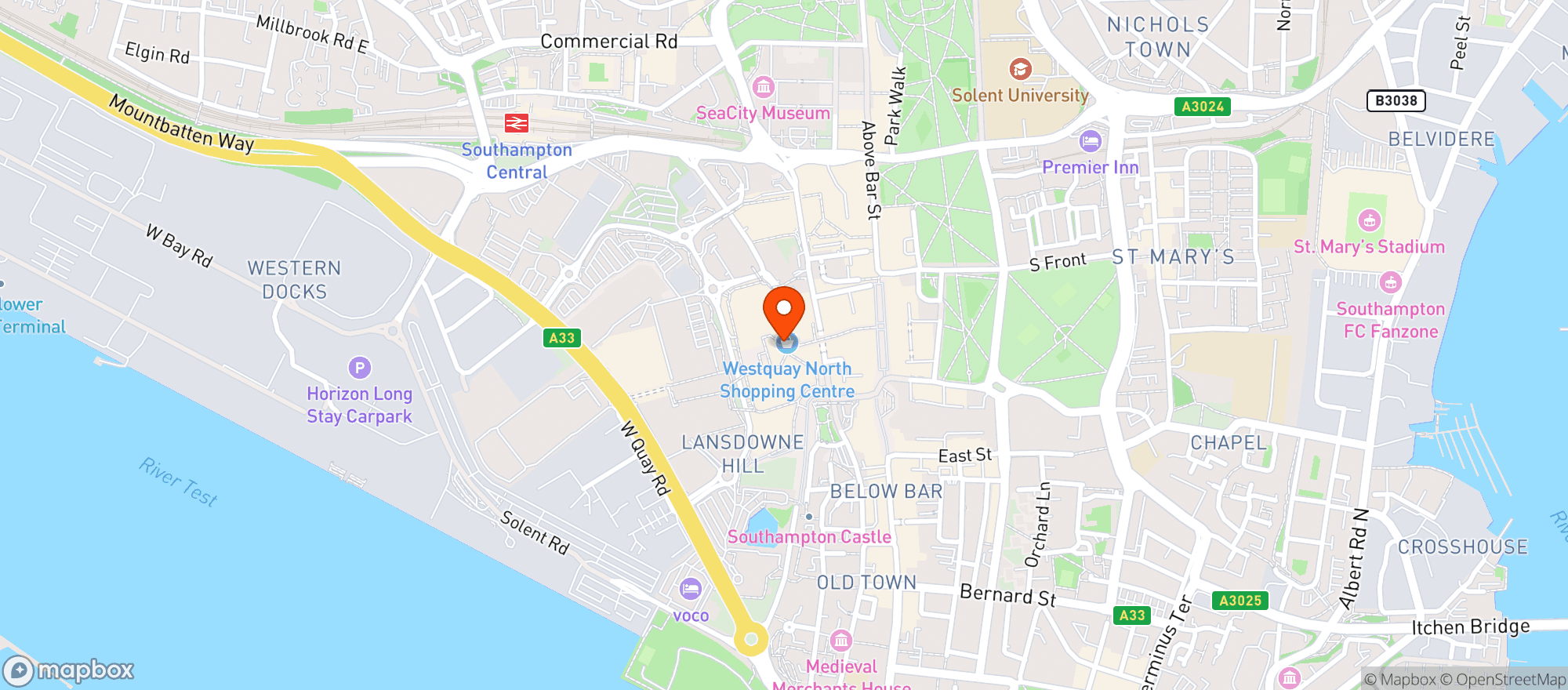 Map showing All Bar One West Quay