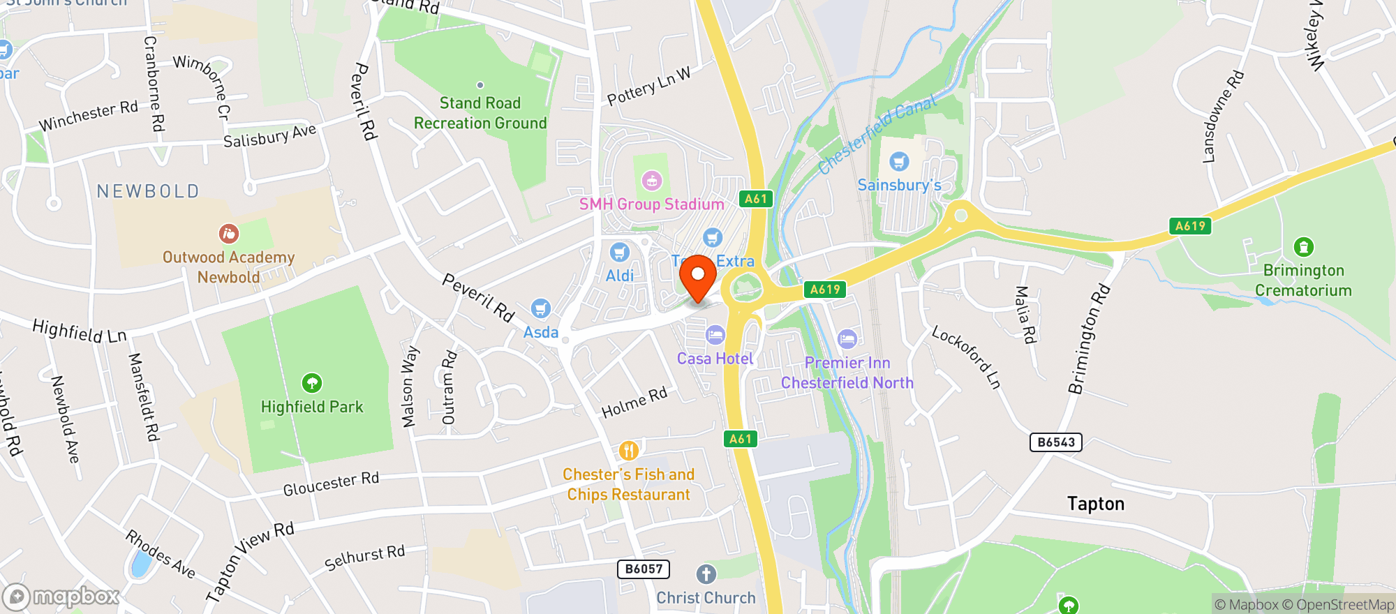 Map showing Tesco Extra Chesterfield