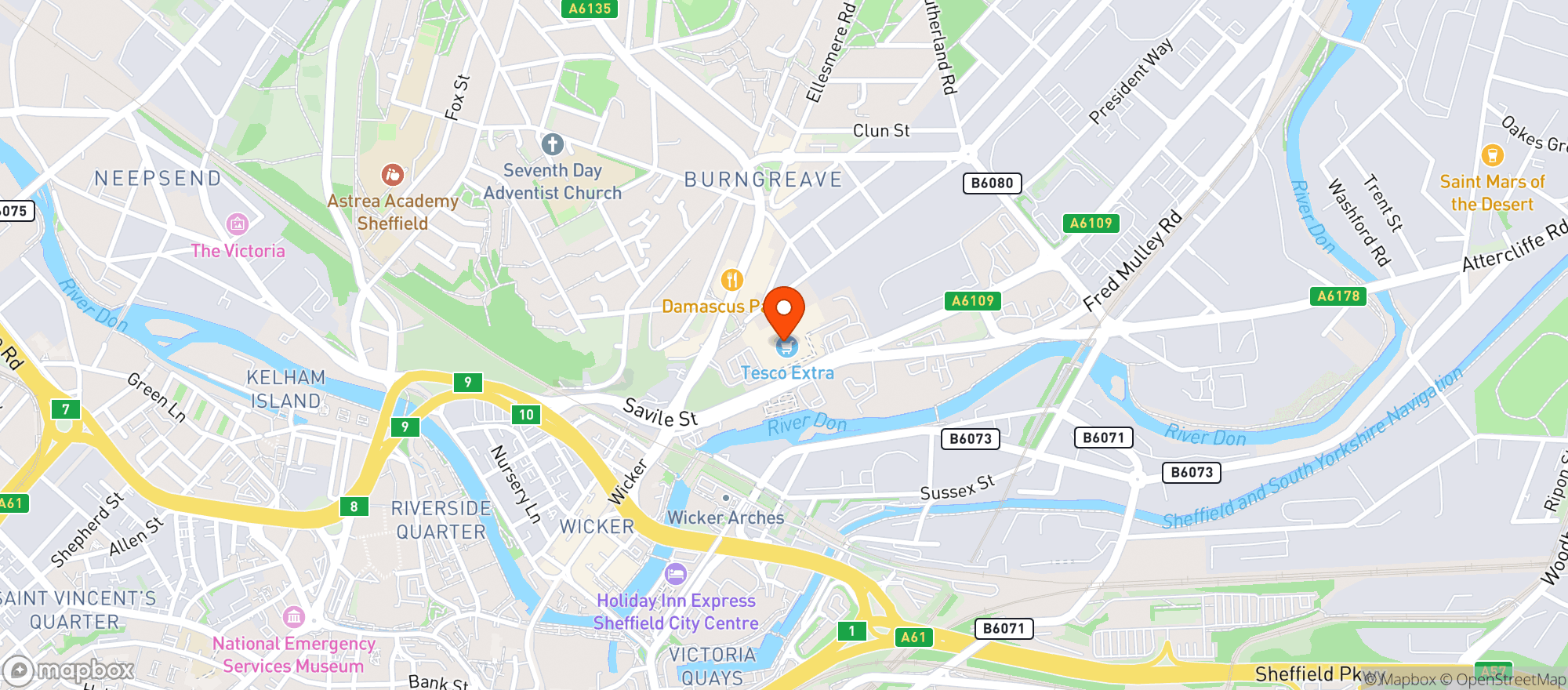 Map showing Tesco Extra Sheffield Savile St