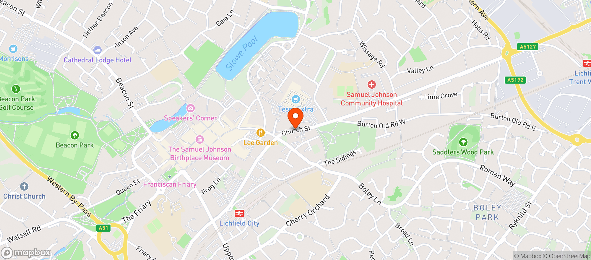 Map showing Tesco Extra Lichfield