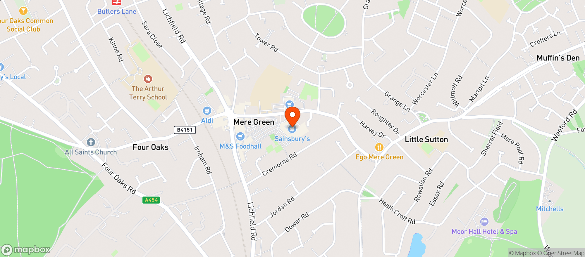 Map showing Sainsburys Mere Green