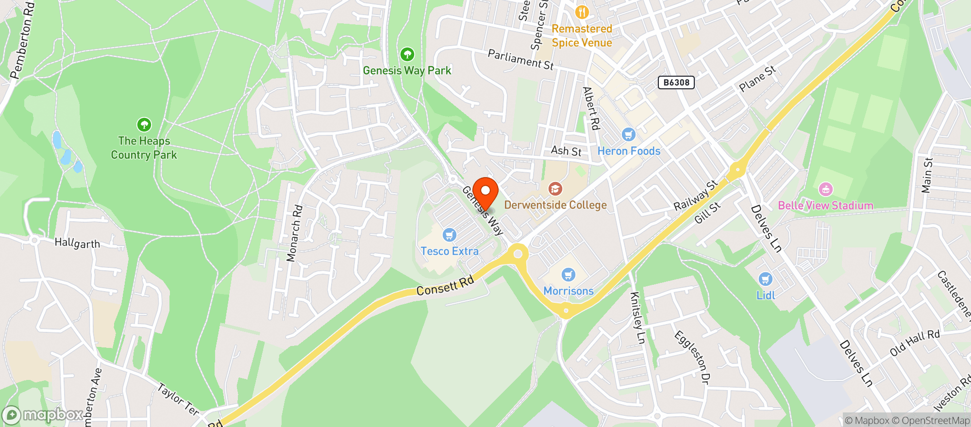 Map showing Tesco Extra Consett Genesis