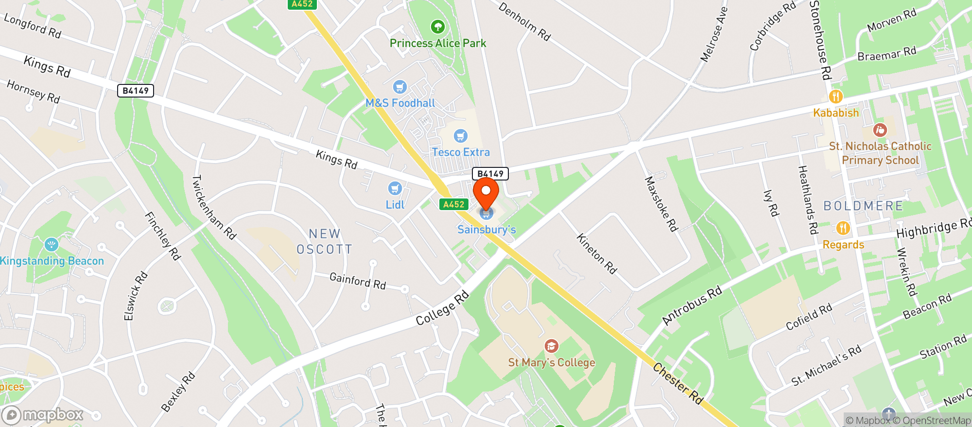 Map showing Sainsburys Sutton Coldfield