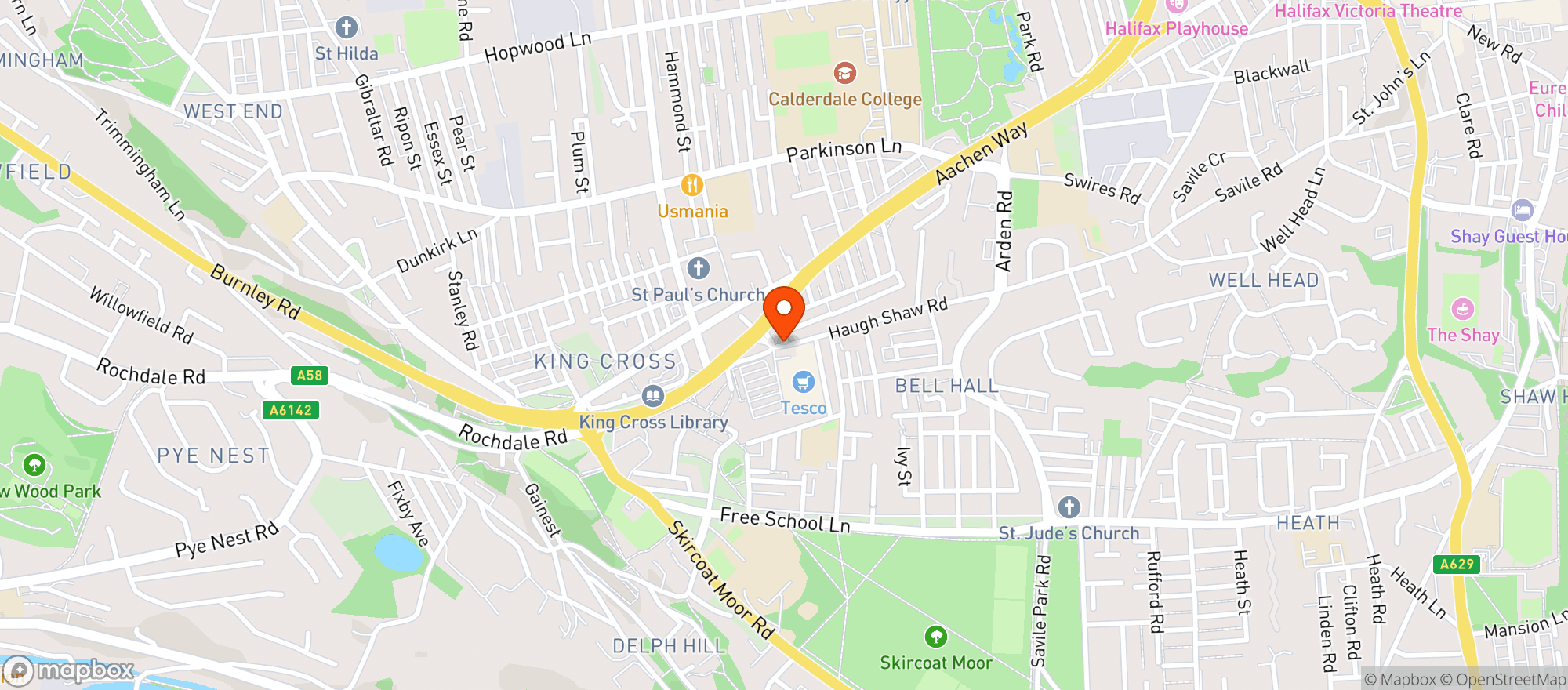 Map showing Tesco Superstore Halifax Aachen Way