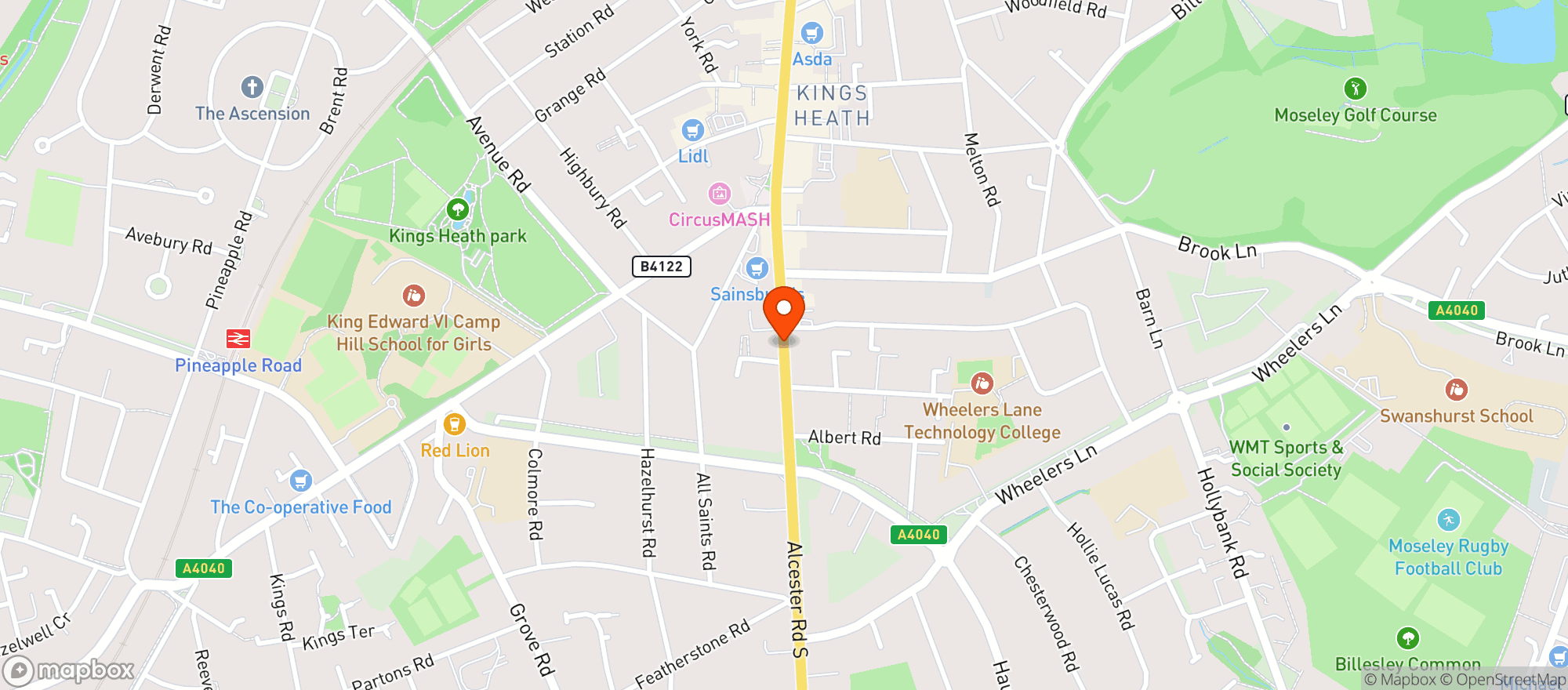 Map showing Sainsburys Kings Heath