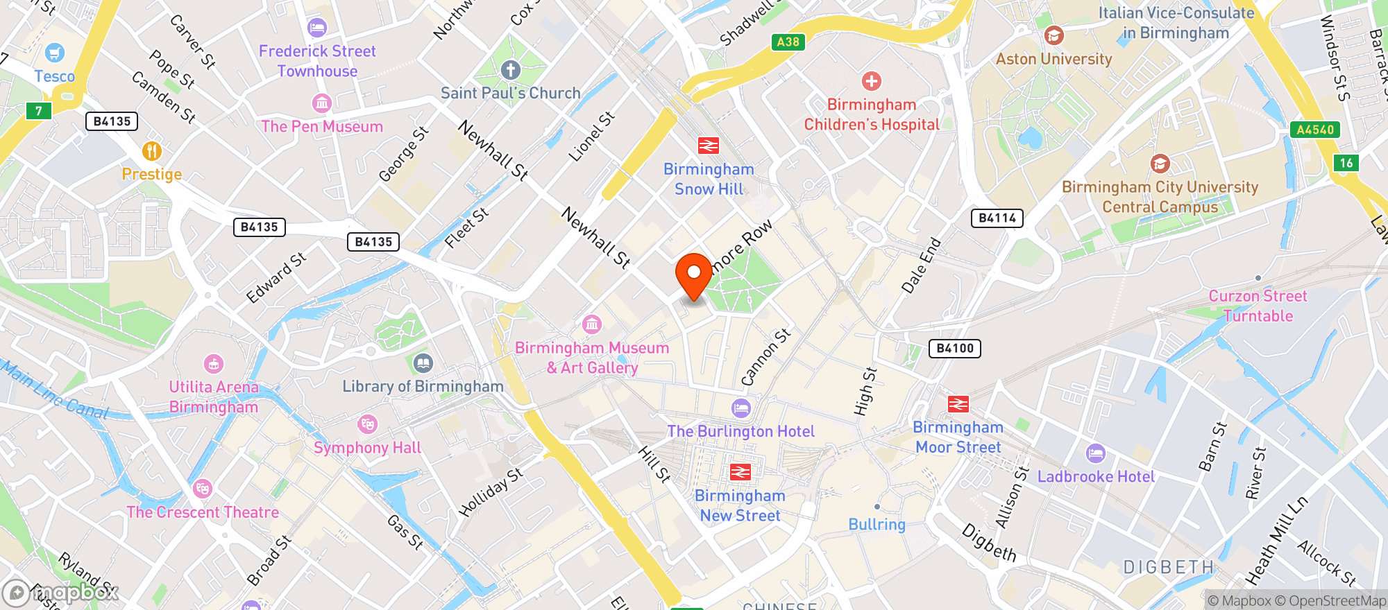Map showing The Old Joint Stock Pub & Theatre, Birmingham