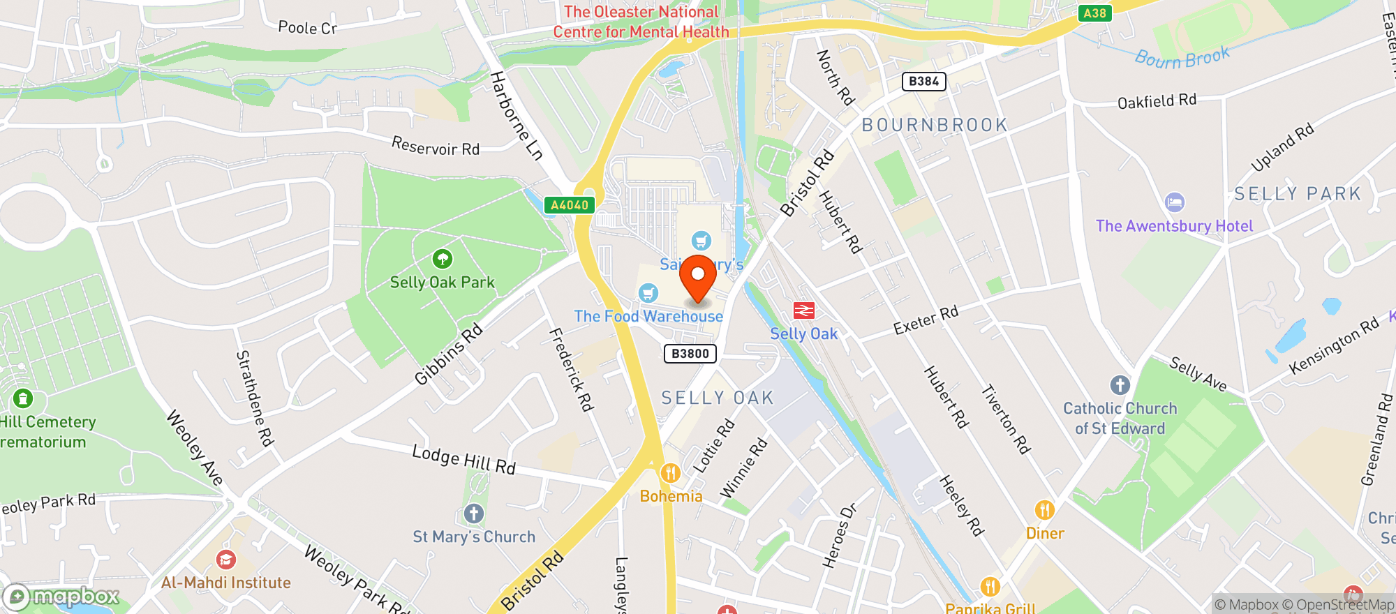 Map showing Sainsburys Selly Oak Boulevard
