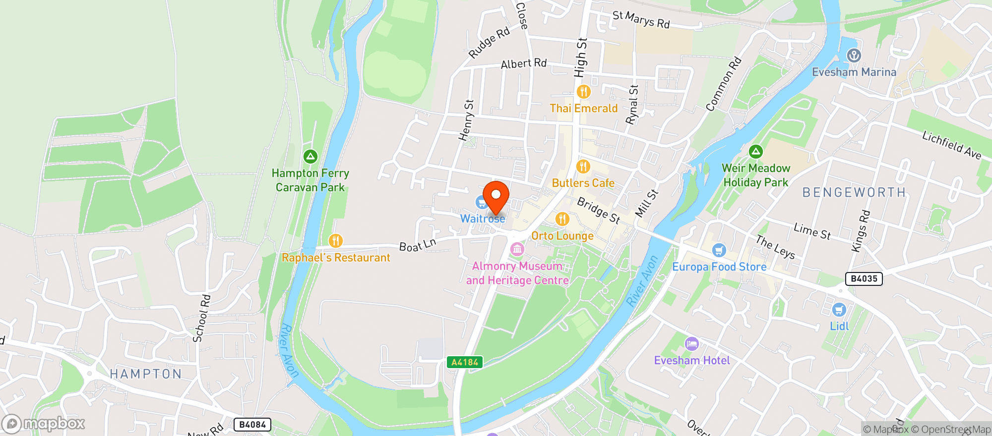 Map showing Waitrose Evesham