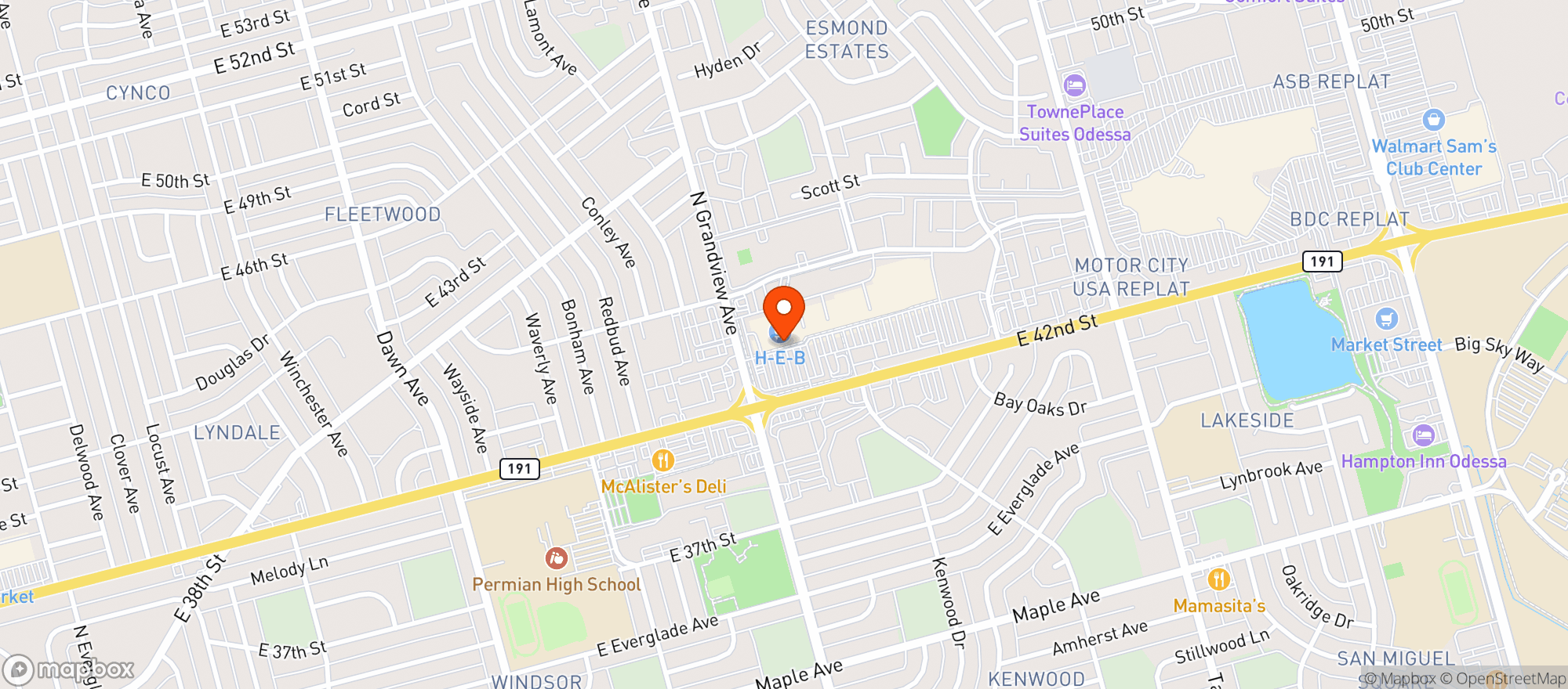 Map showing H E B Food Store #387