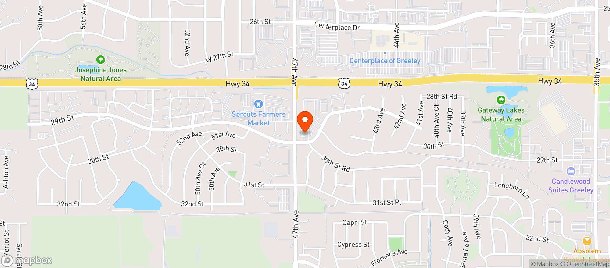 Map showing On The Rocks - Greeley