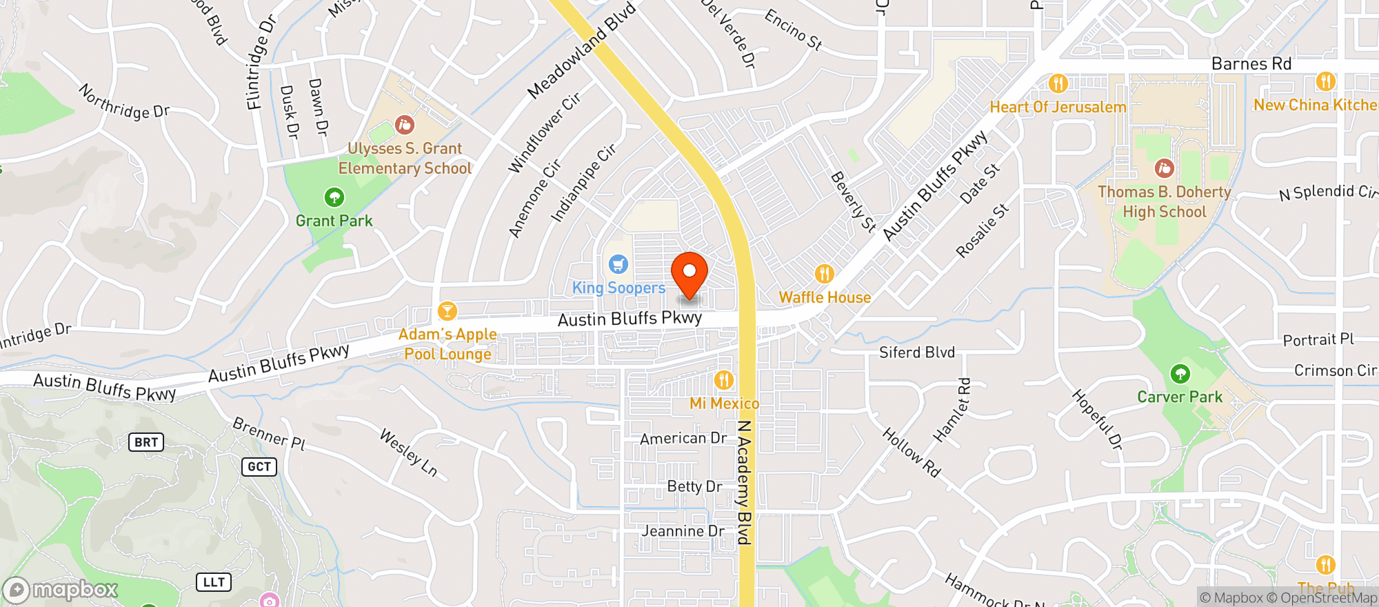 Map showing Native Roots Apothecary - Austin Bluffs - Med