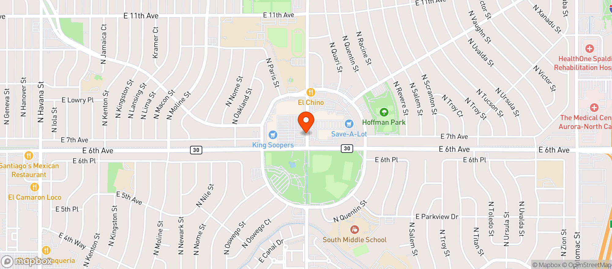 Map showing Aurora Plaza Liquors