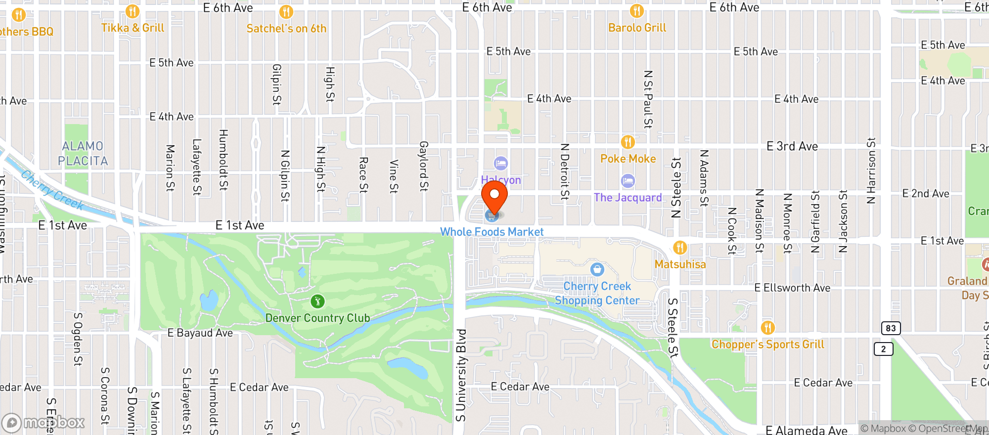 Map showing Whole Foods - Cherry Creek