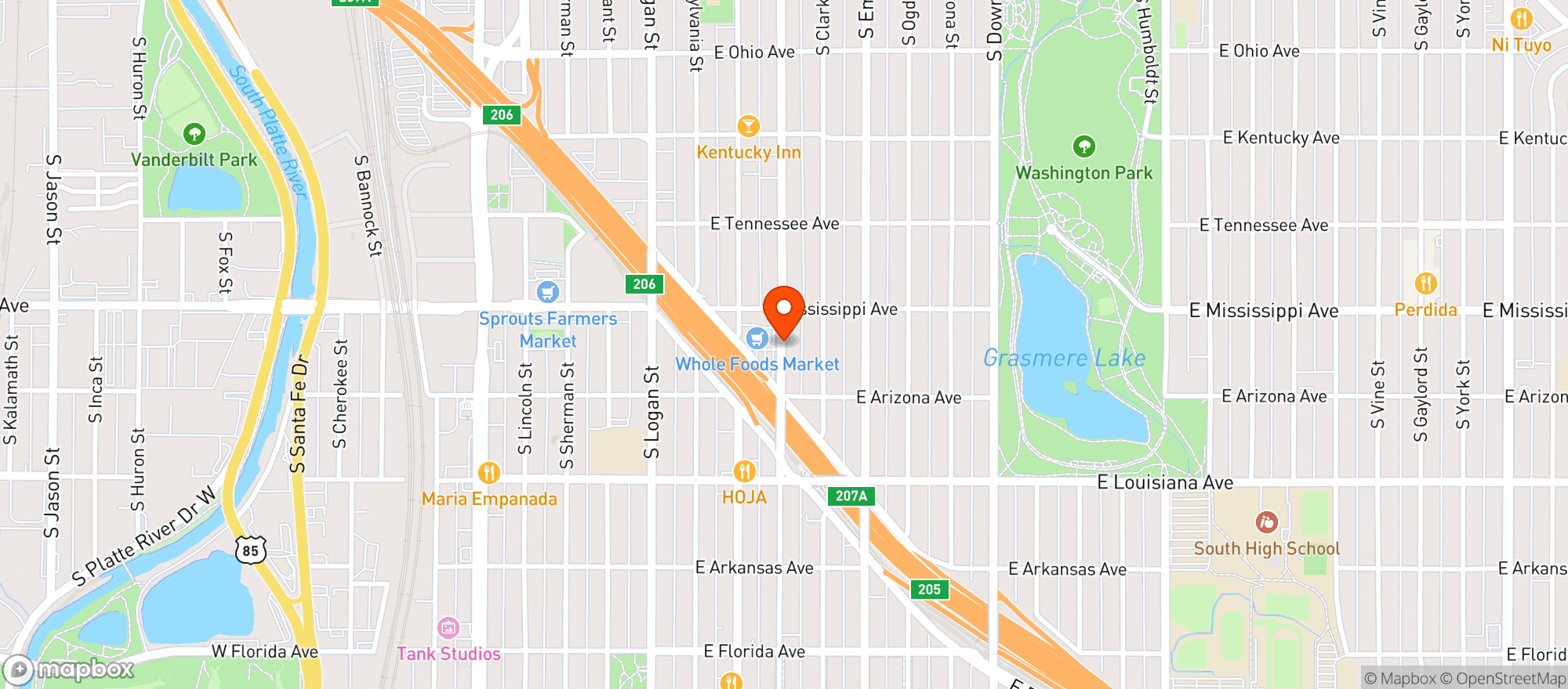 Map showing Whole Foods - Wash Park