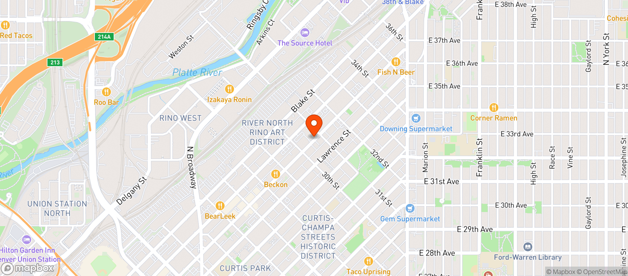 Map showing The RiNo Grog Shop