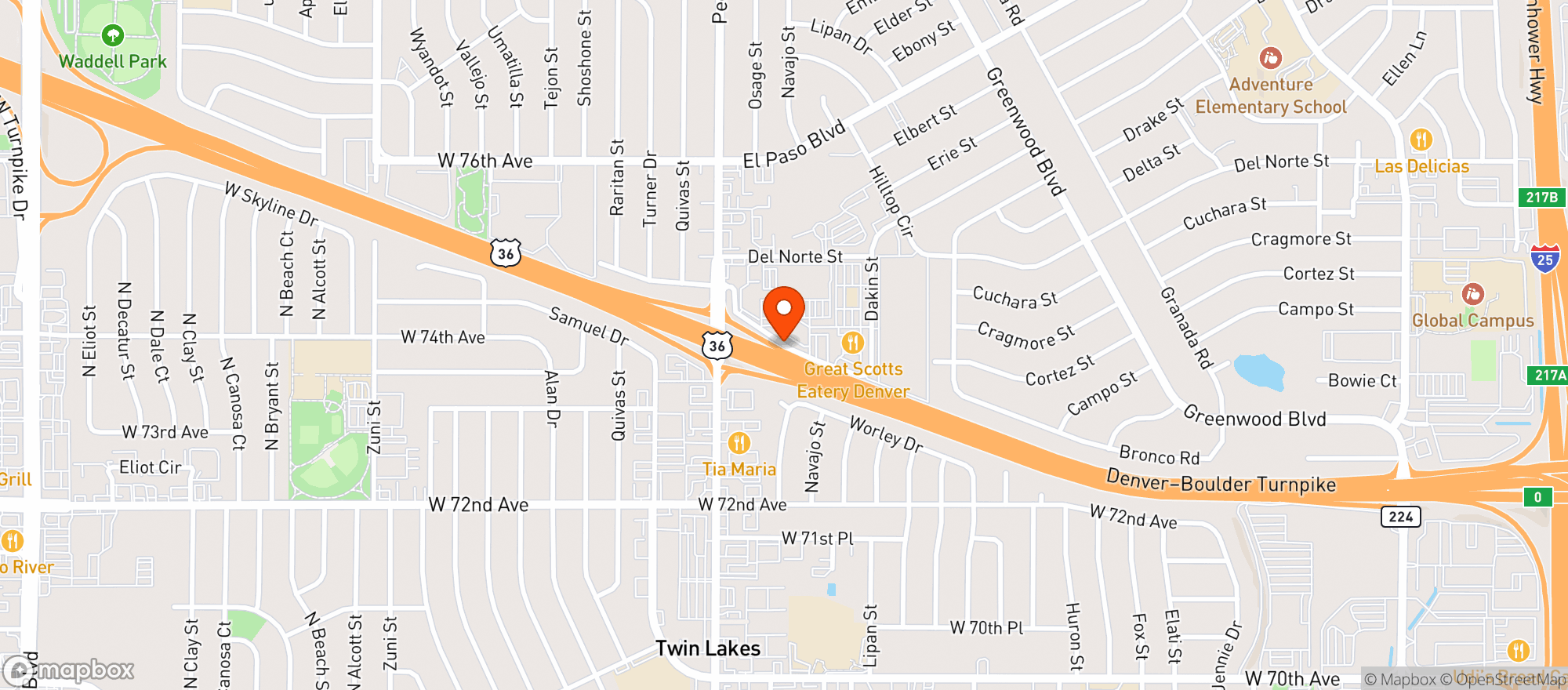 Map showing Starbuds - NW Denver - Cortez