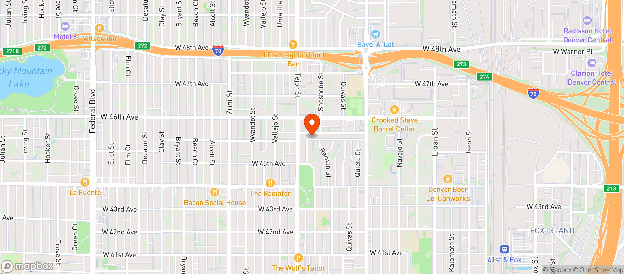 Map showing Tejon Street Liquors