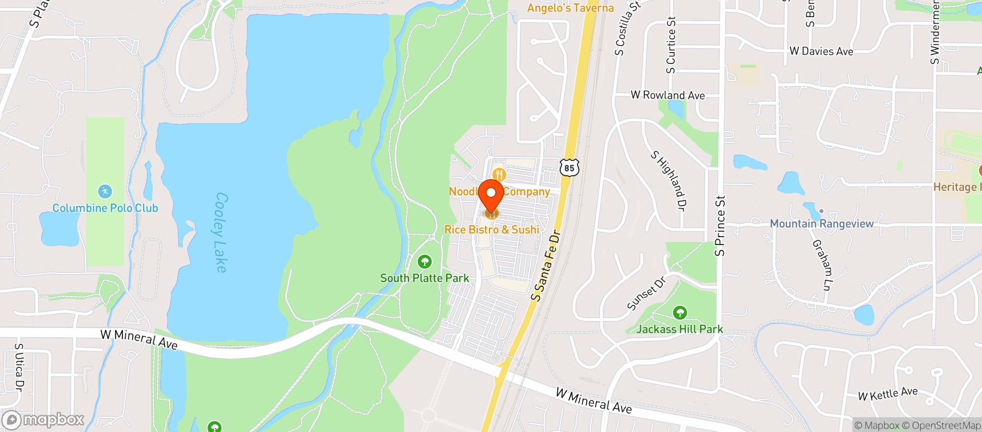 Map showing RICE Bistro & Sushi at Aspen Grove