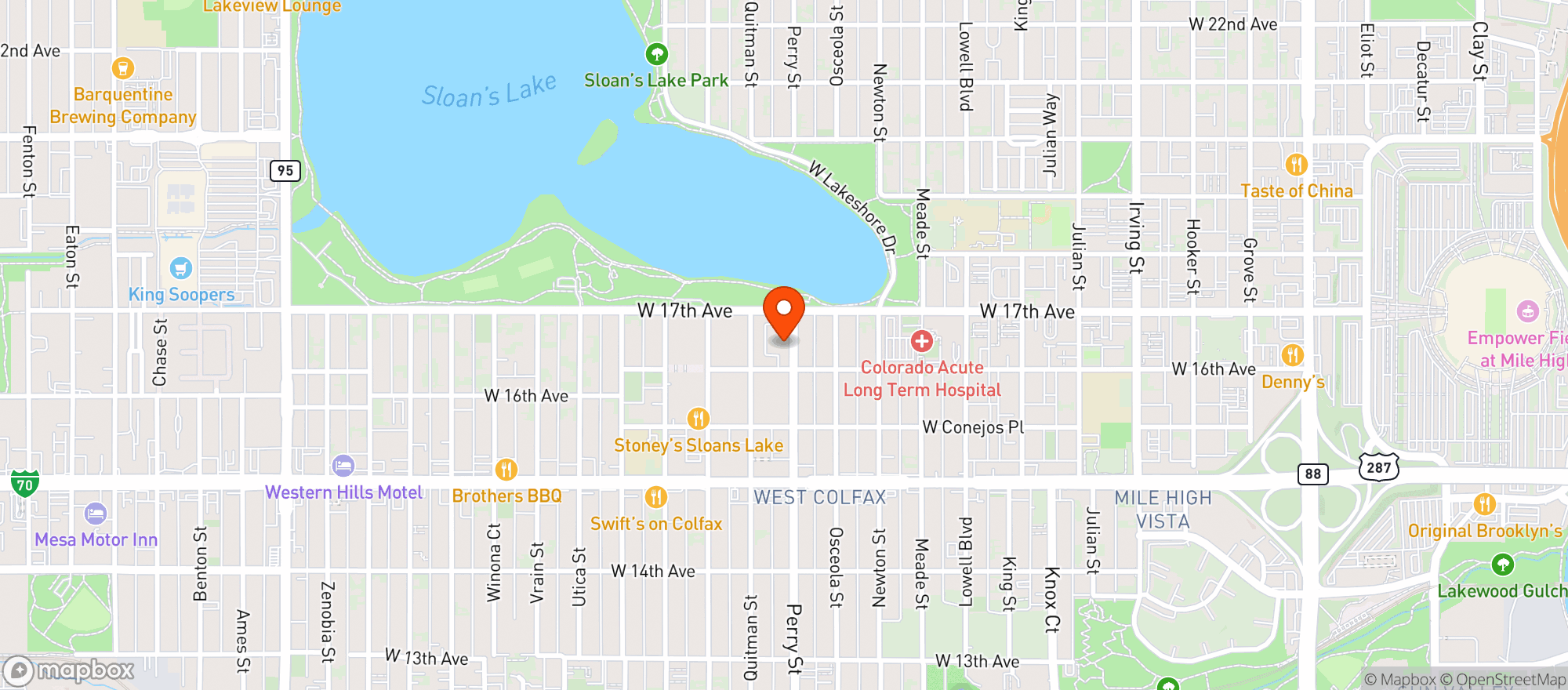 Map showing Odell Brewing Sloan’s Lake Brewhouse & Pizzeria