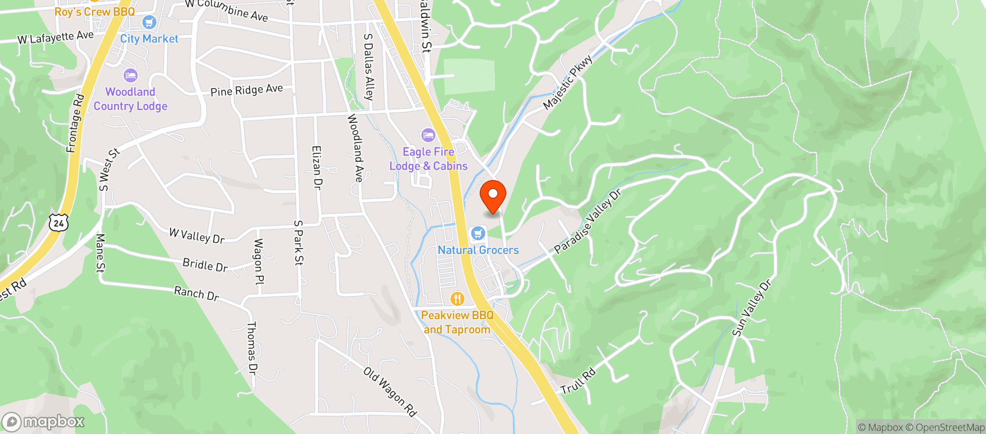 Map showing Natural Grocers by Vitamin Cottage - Natural Grocers by VC_Woodland Park (WP) - 00100014188