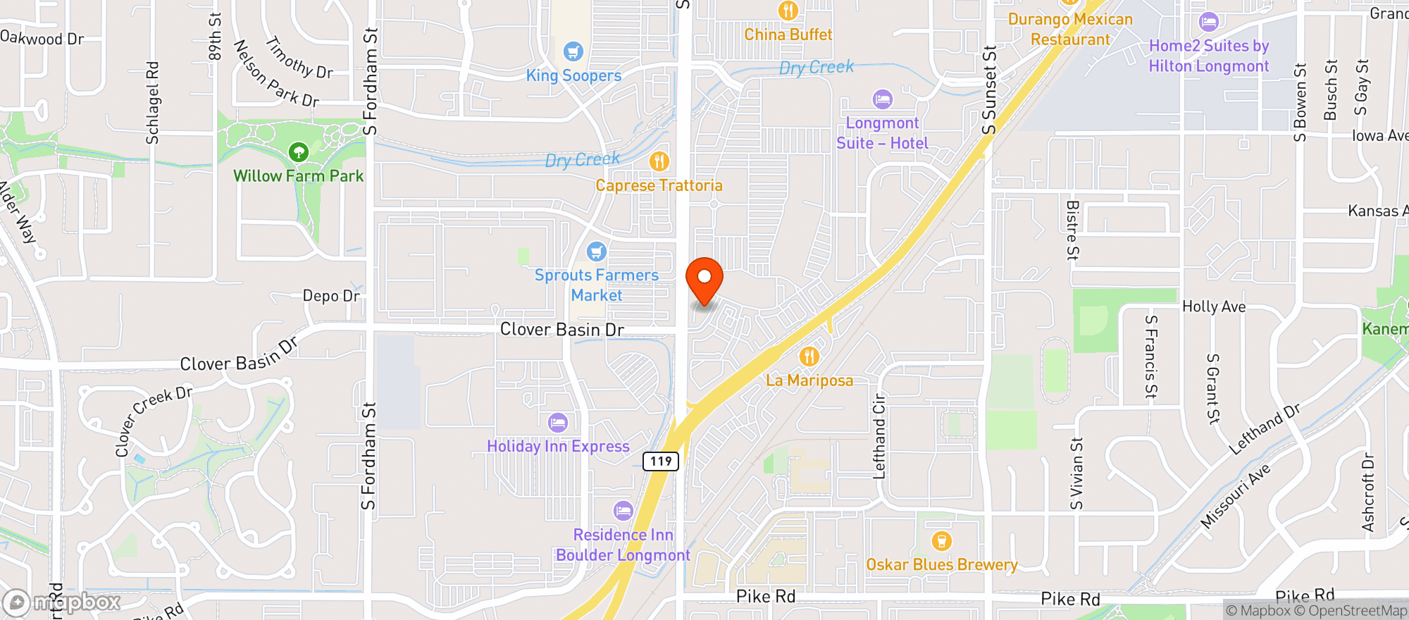 Map showing Post Chicken & Beer Longmont
