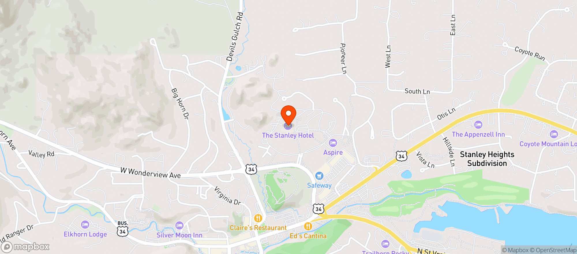 Map showing Post Chicken & Beer Estes Park