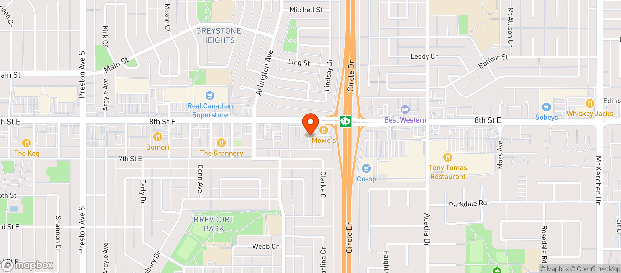 Map showing Moxies Saskatoon