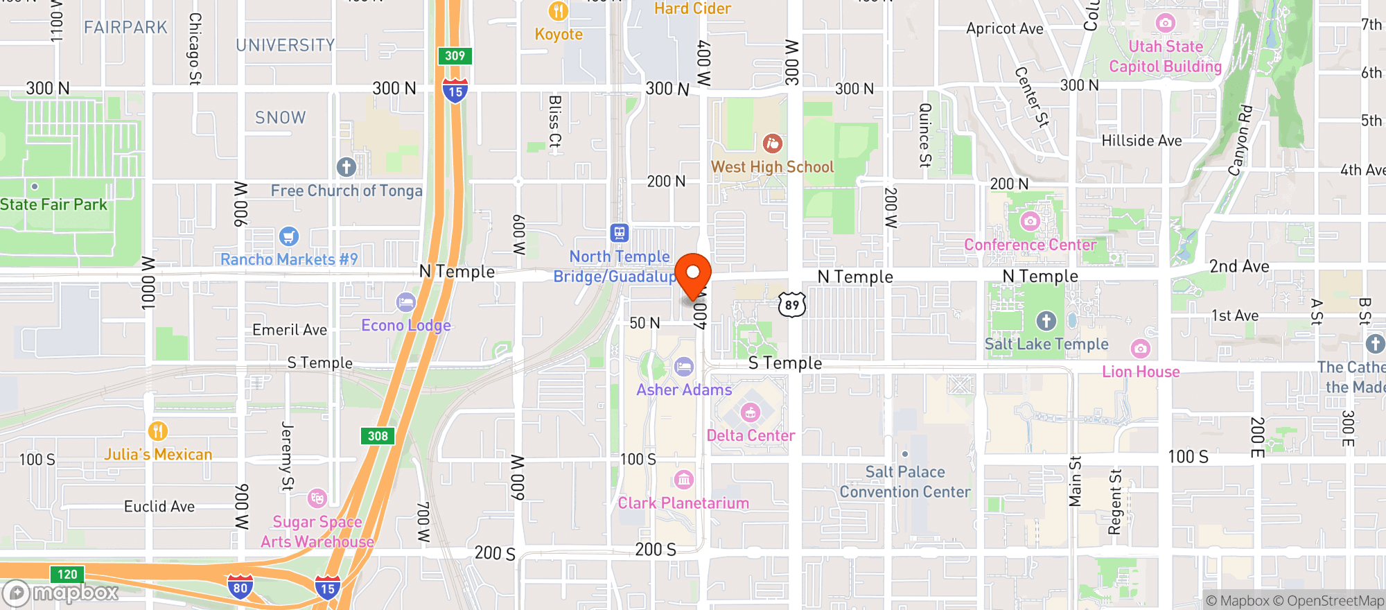 Map showing Hyatt- Salt Lake City