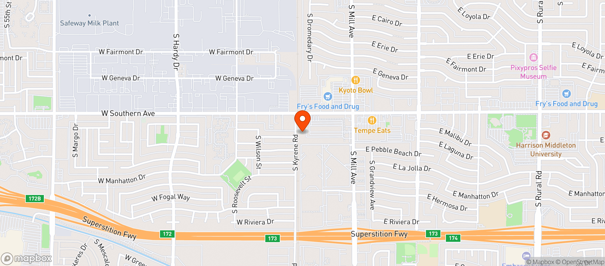 Map showing Q & Brew