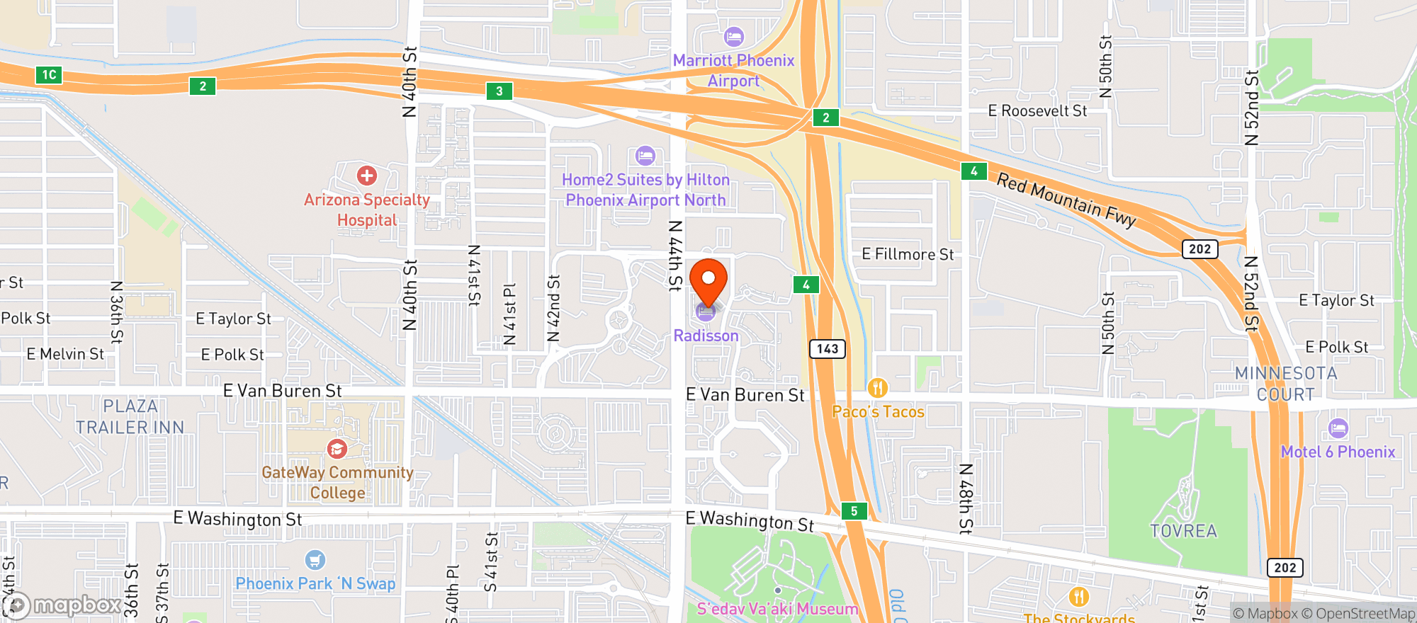 Map showing Radisson Hotel Phoenix Airport