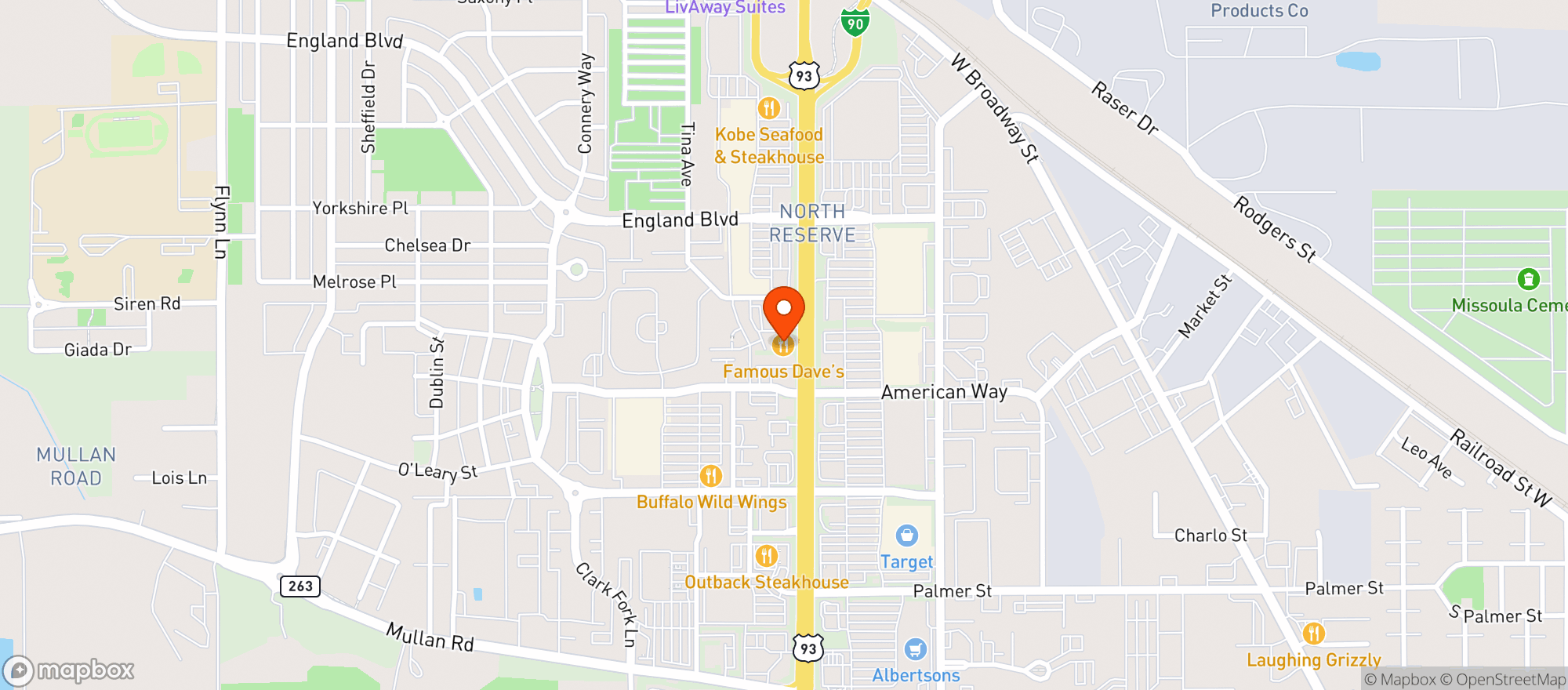 Map showing Famous Daves
